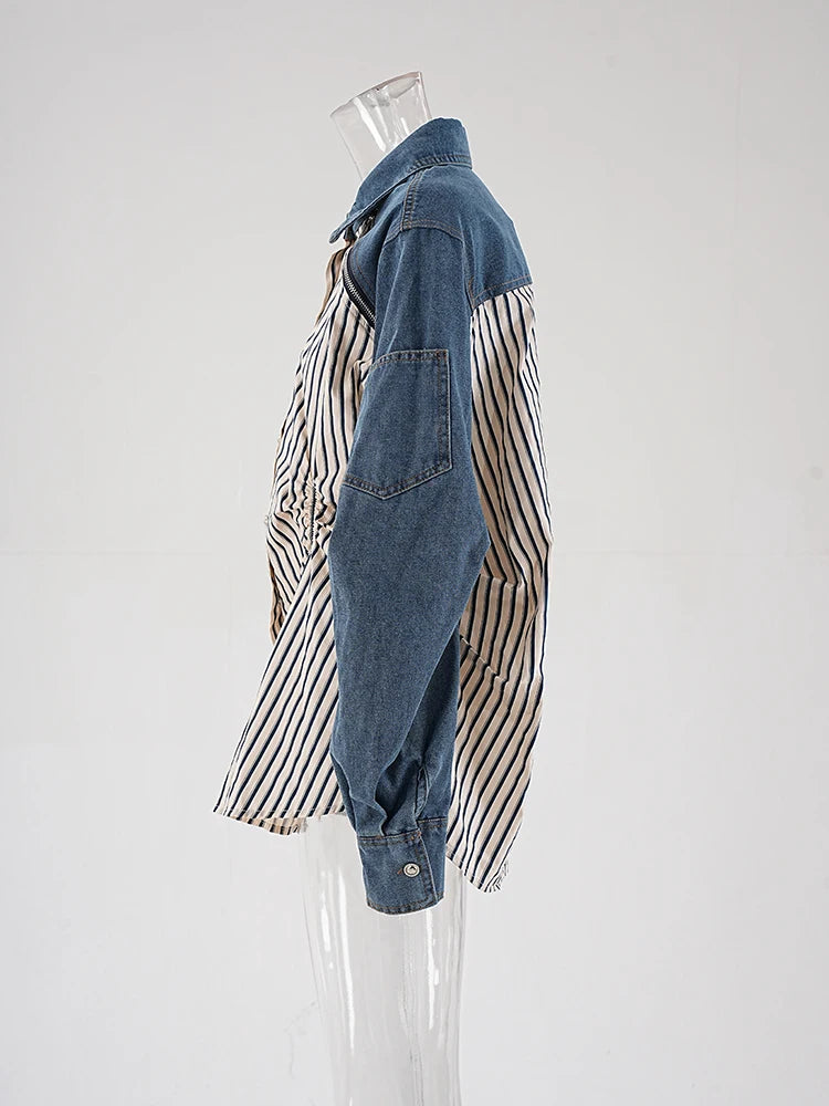 Stripe Spliced Denim Shirt