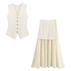 Elegant Solid Knitted Vest & Patchwork Skirt Set