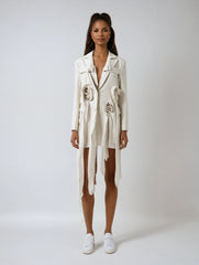 Floral Irregular Long Blazer – Asymmetric Tailoring in Cotton-poly Blend
