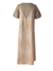 Khaki Color-block Midi Dress – Short Sleeve Loose-fit Style