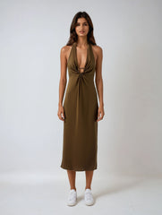 Halter Backless Midi Dress – Brown Summer Linen-look Camisole Style
