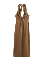 Halter Backless Midi Dress – Brown Summer Linen-look Camisole Style