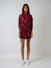 Irregular Wine Red Blouse with Drawstring