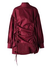 Irregular Wine Red Blouse with Drawstring