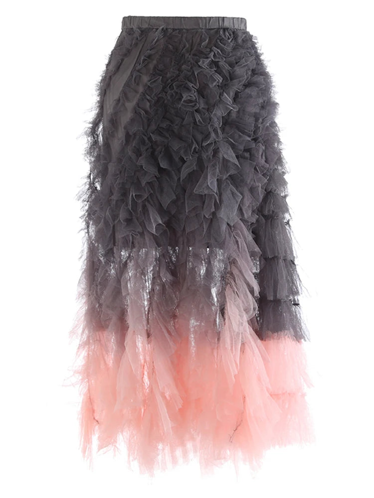 Jupe midi à volants rose gris