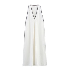 White V-neck Linen Midi Dress