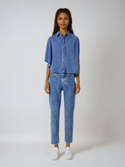 Autumn Solid V-Neck Long Sleeve Denim Shirt