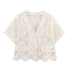 Mesh Embroidered Twin Set – Short Shirt & Straight Tube Skirt