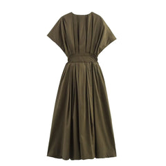 Pleated Drop Shoulder Midi Dress – Summer V-neck Casual Style