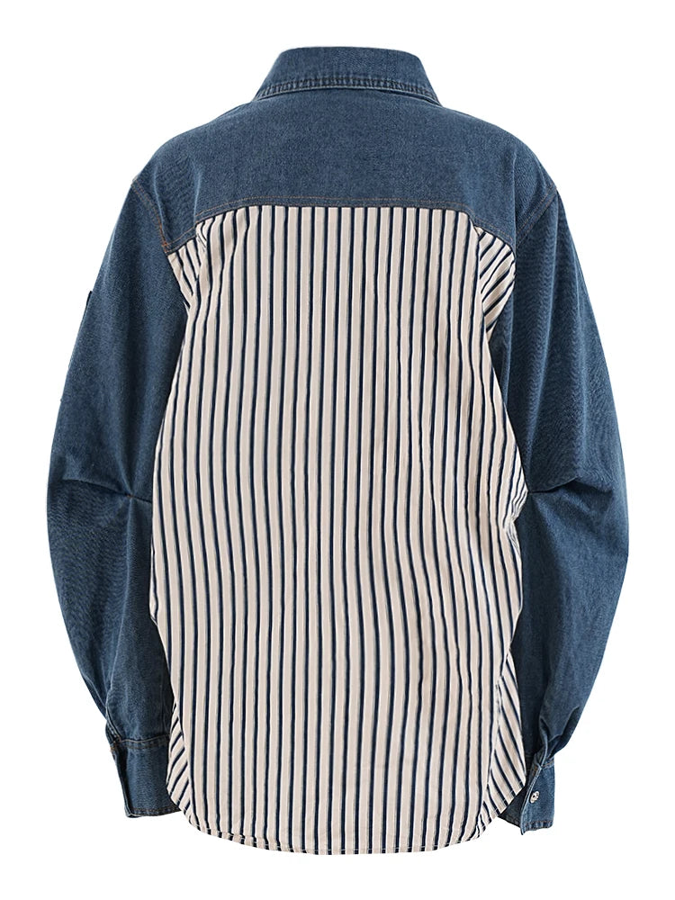 Stripe Spliced Denim Shirt