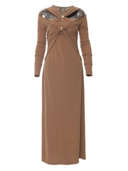 V-Neck Knitted Dress with Hollow Design