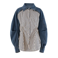 Stripe Spliced Denim Shirt