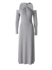 Slim Fit Gray Knot Detail Hollow-out Midi Dress