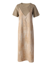 Khaki Color-block Midi Dress – Short Sleeve Loose-fit Style
