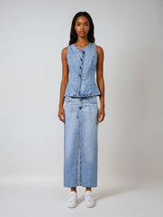 Denim Blue Two-piece Set – Single-breasted Tank & Vintage Zipper Midi Skirt