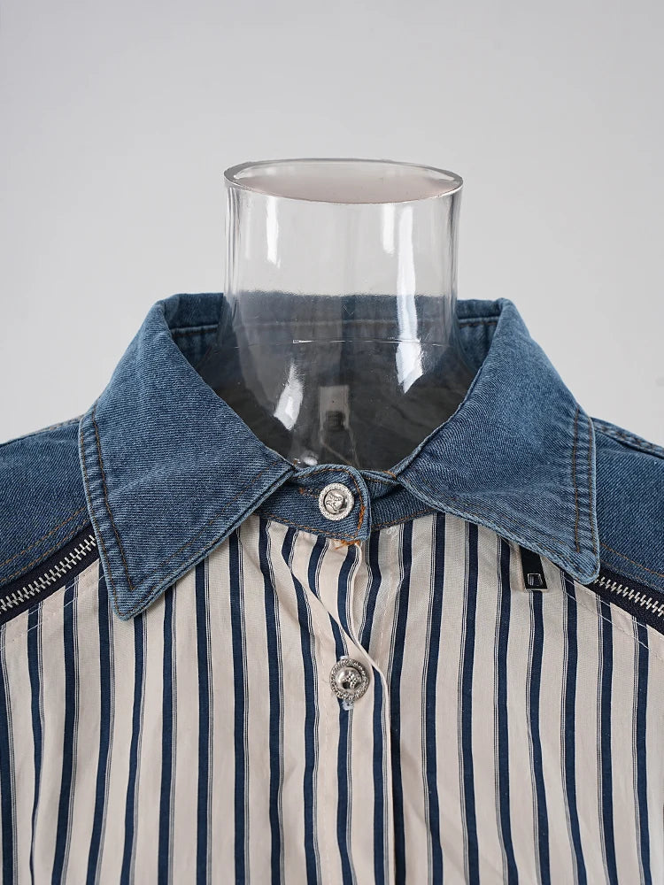 Stripe Spliced Denim Shirt