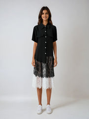Black Lace Pleated Shirt Dress