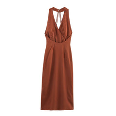 Halter V-collar Backless Midi Dress – Chic Linen-look Style