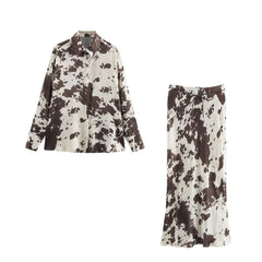 Animal Print Two-piece Set – Silky Long Sleeve Shirt & Ankle-length Skirt