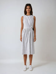 White Striped Drawstring Pleated Dress