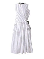 White Striped Drawstring Pleated Dress