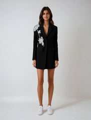 Black Rhinestone Floral Embellished Blazer
