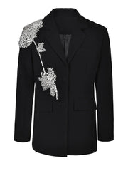 Black Rhinestone Floral Embellished Blazer