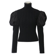 Knit High Neck Puff Sleeve Top