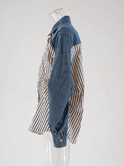 Stripe Spliced Denim Shirt