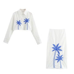 Porcelain Print Shirt Skirt Set – Long Sleeve Top & a-line Skirt