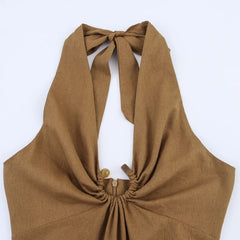 Halter Backless Midi Dress – Brown Summer Linen-look Camisole Style