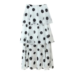 Polka Dot Two-piece Set – Sleeveless Zip Crop Top & High-waist Long Skirt