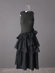 Gray Plaid Ruffle Vest Dress – Sleeveless Elegance