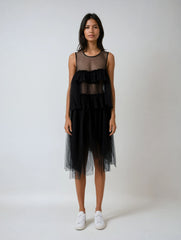 Black Irregular Ruffle Dress – Sheer Artistry in Cotton-poly Tulle