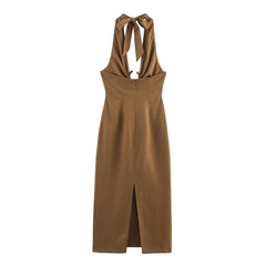 Halter Backless Midi Dress – Brown Summer Linen-look Camisole Style