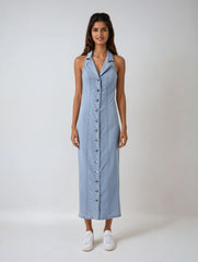 Denim Blue Single-breasted Midi Dress – Vintage Lapel Sleeveless Style