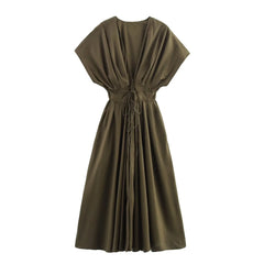 Pleated Drop Shoulder Midi Dress – Summer V-neck Casual Style