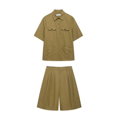 Single-breasted Shirt & Front-zip Shorts With Pockets
