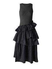 Gray Plaid Ruffle Vest Dress – Sleeveless Elegance