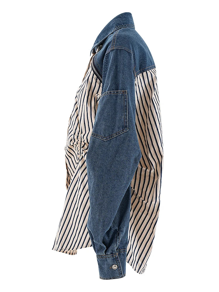 Stripe Spliced Denim Shirt
