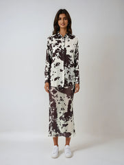 Animal Print Two-piece Set – Silky Long Sleeve Shirt & Ankle-length Skirt