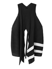 Black Striped Long Vest – Irregular Pleated Streetwear