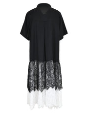 Black Lace Pleated Shirt Dress – Loose Fit Lapel Style