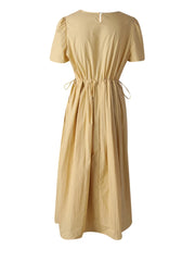 Yellow Drawstring Waist Midi Dress – Short Sleeve Spring/summer Elegance