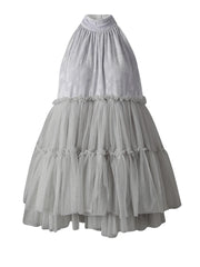 Gray Print Mesh Stand-Collar Mini Dress