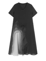 Layered Mesh Color-block Midi Dress – Black V-neck Oversized Style