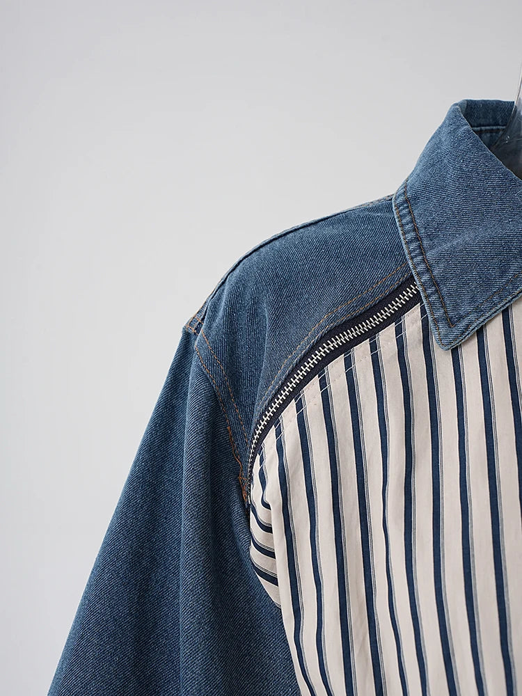 Stripe Spliced Denim Shirt