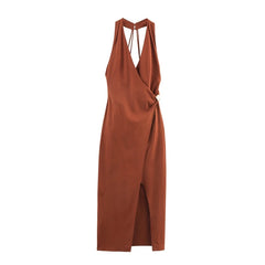 Halter V-collar Backless Midi Dress – Chic Linen-look Style