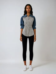 Blue Striped Pleated Denim Loose-Fit Blouse