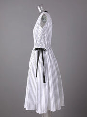 White Striped Drawstring Pleated Dress